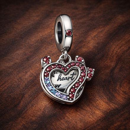 Beauty Heart Teapot Dangle - Beauty Heart Teapot Dangle Charm — display on walnut