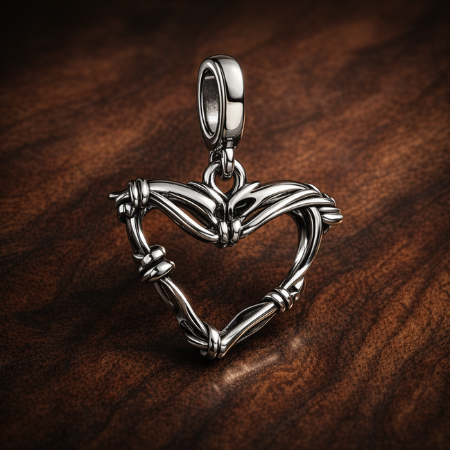 Wire Heart Medallion Charm — display on walnut