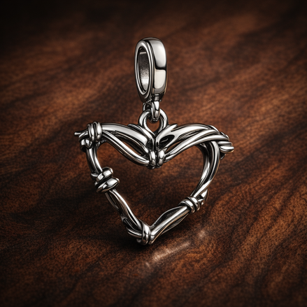 Wire Heart Medallion Charm — display on walnut