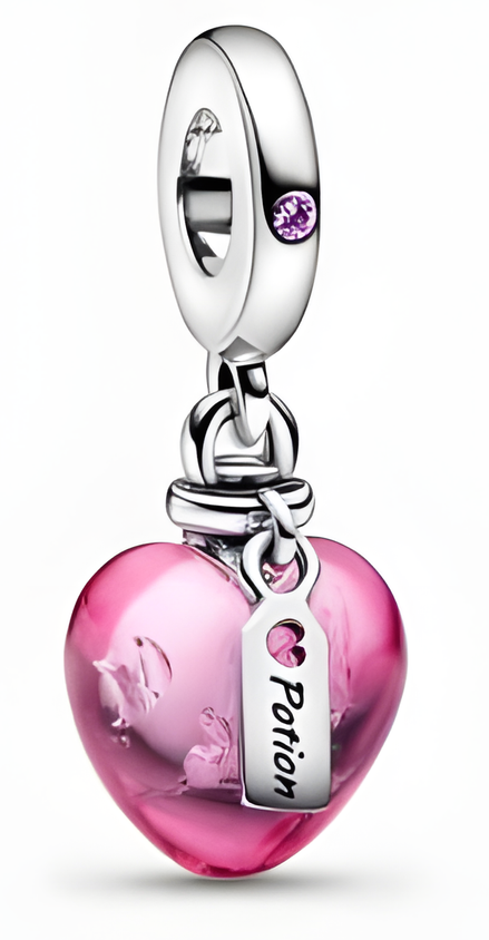 Sterling Silver Pink Murano-Style Glass Love Potion Heart Dangle Charm