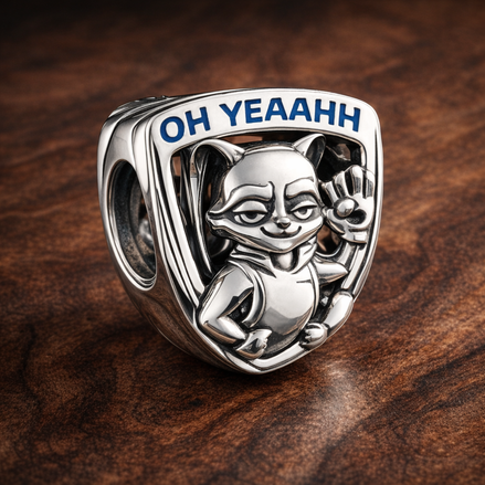Marvel Guardians of the Galaxy Rocket Raccoon & Groot Emblem Charm — display on walnut
