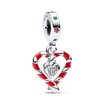 Double Candy Cane Heart Christmas Dangle Charm