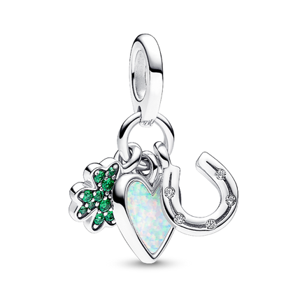 Four Leaf Clover, Heart and Horseshoe Triple Dangle Charm