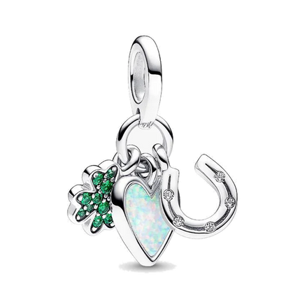 Four Leaf Clover, Heart and Horseshoe Triple Dangle Charm