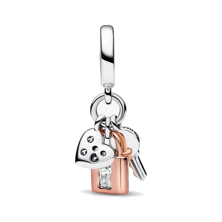 Two-tone Key, Padlock & Heart Triple Dangle Charm